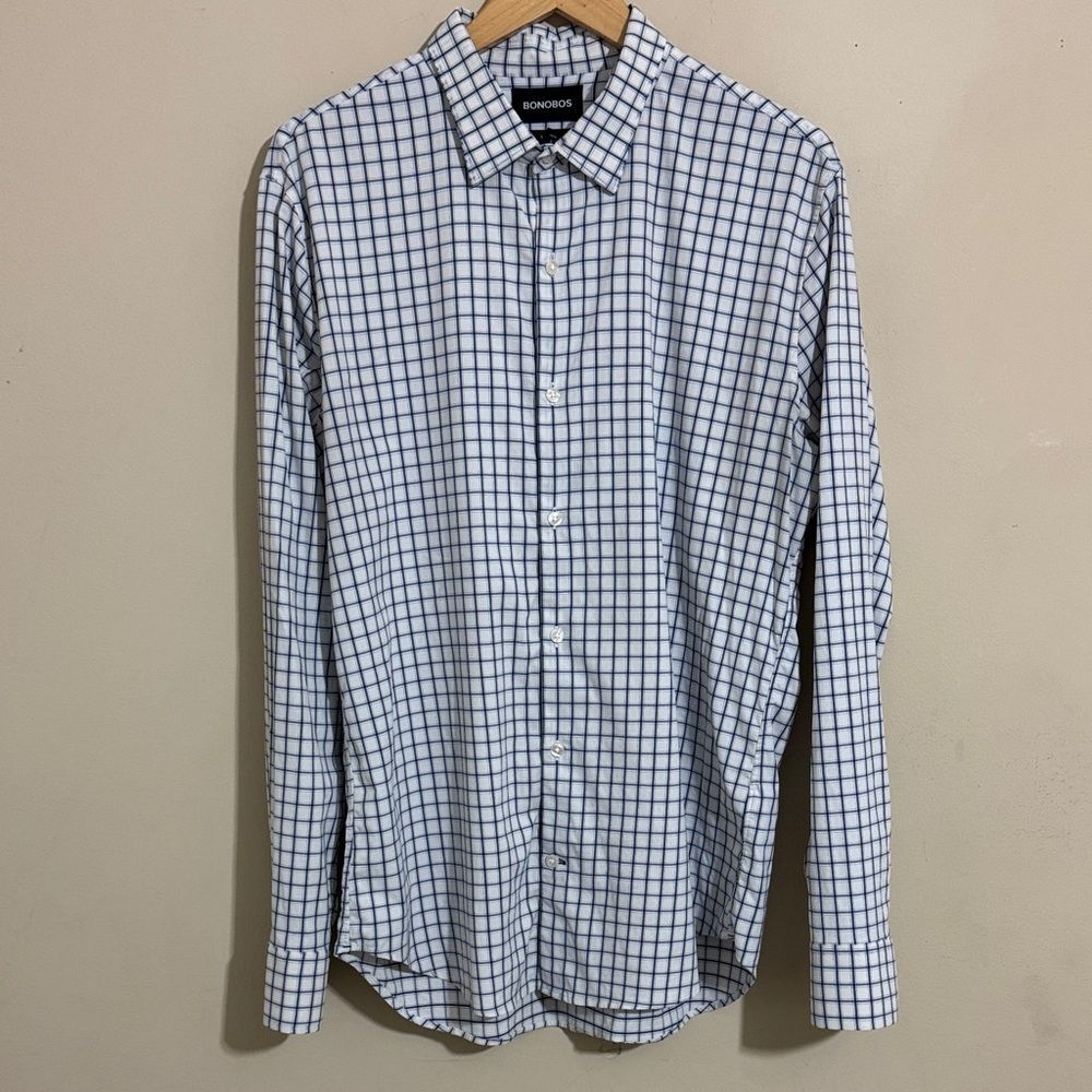 Bonobos Slim Fit Tall White and Blue Check Long Sleeve Button Down Shirt Size L